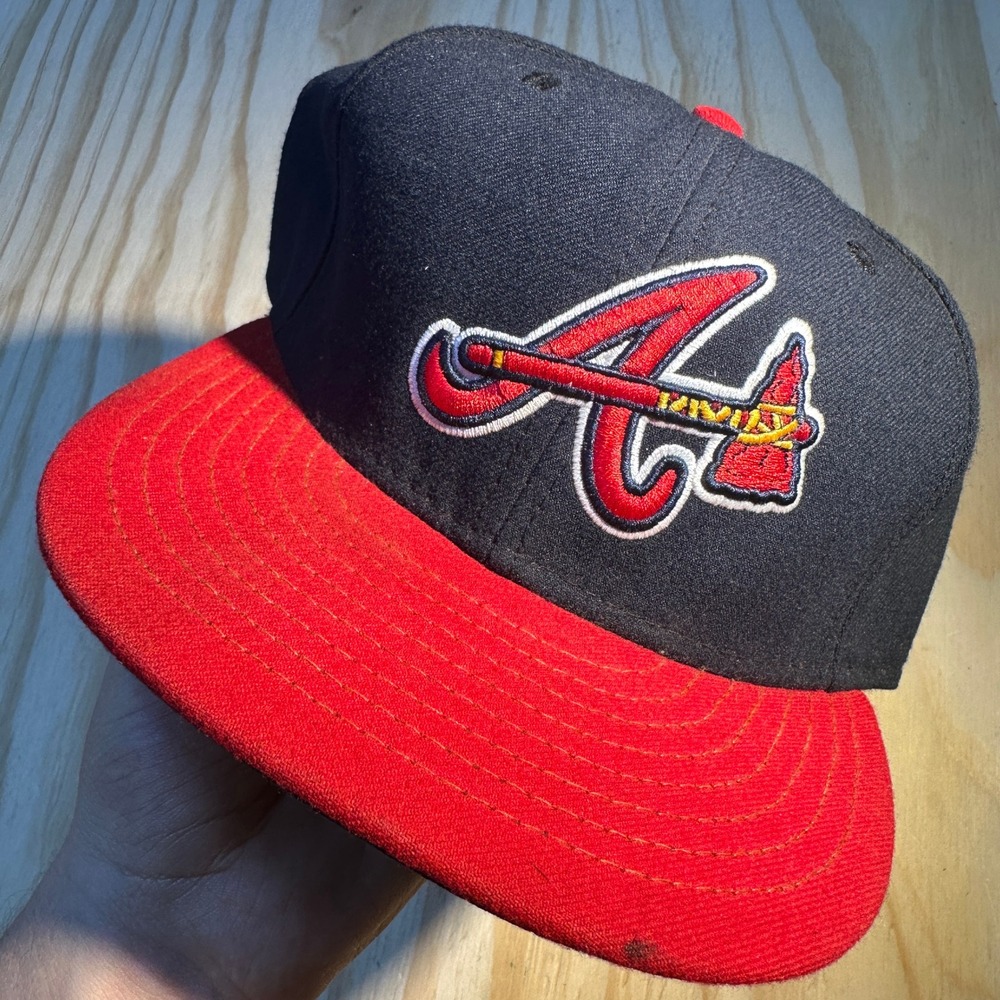New Era 7 3/8 Mens Navy Red Atlanta Braves 59FIFTY Fitted Hat Authentic Cap